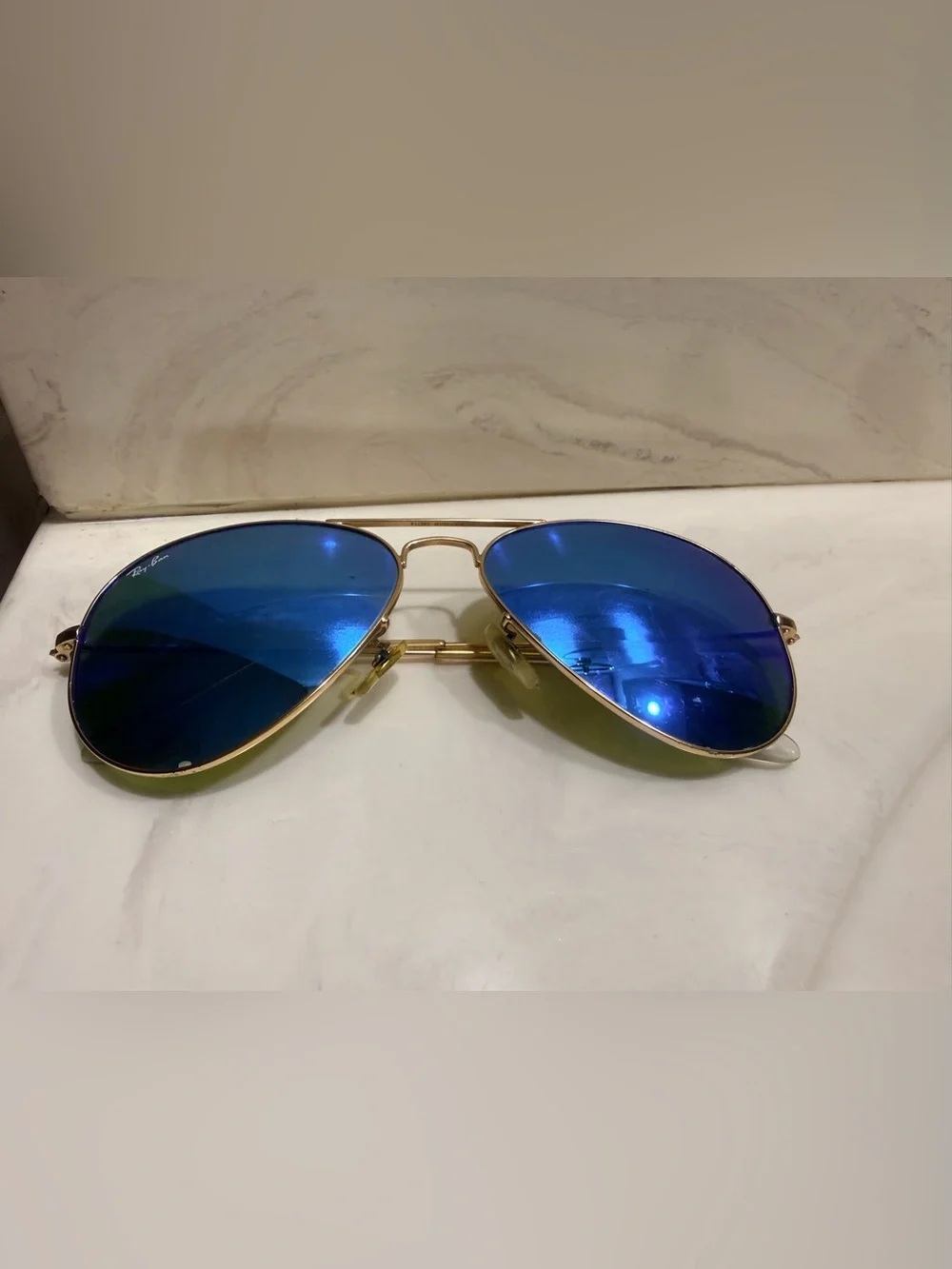 Ray-Ban Gold Frame Sunglasses with Blue Mirrored Lenses - Men